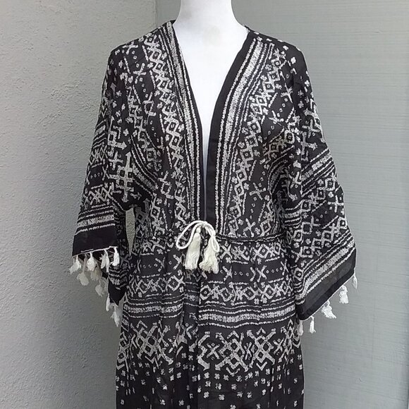 Beach by Exist Womens Boho Cotton Swim Coverup Sze L-XL Black-White Flowy Print - Picture 4 of 8